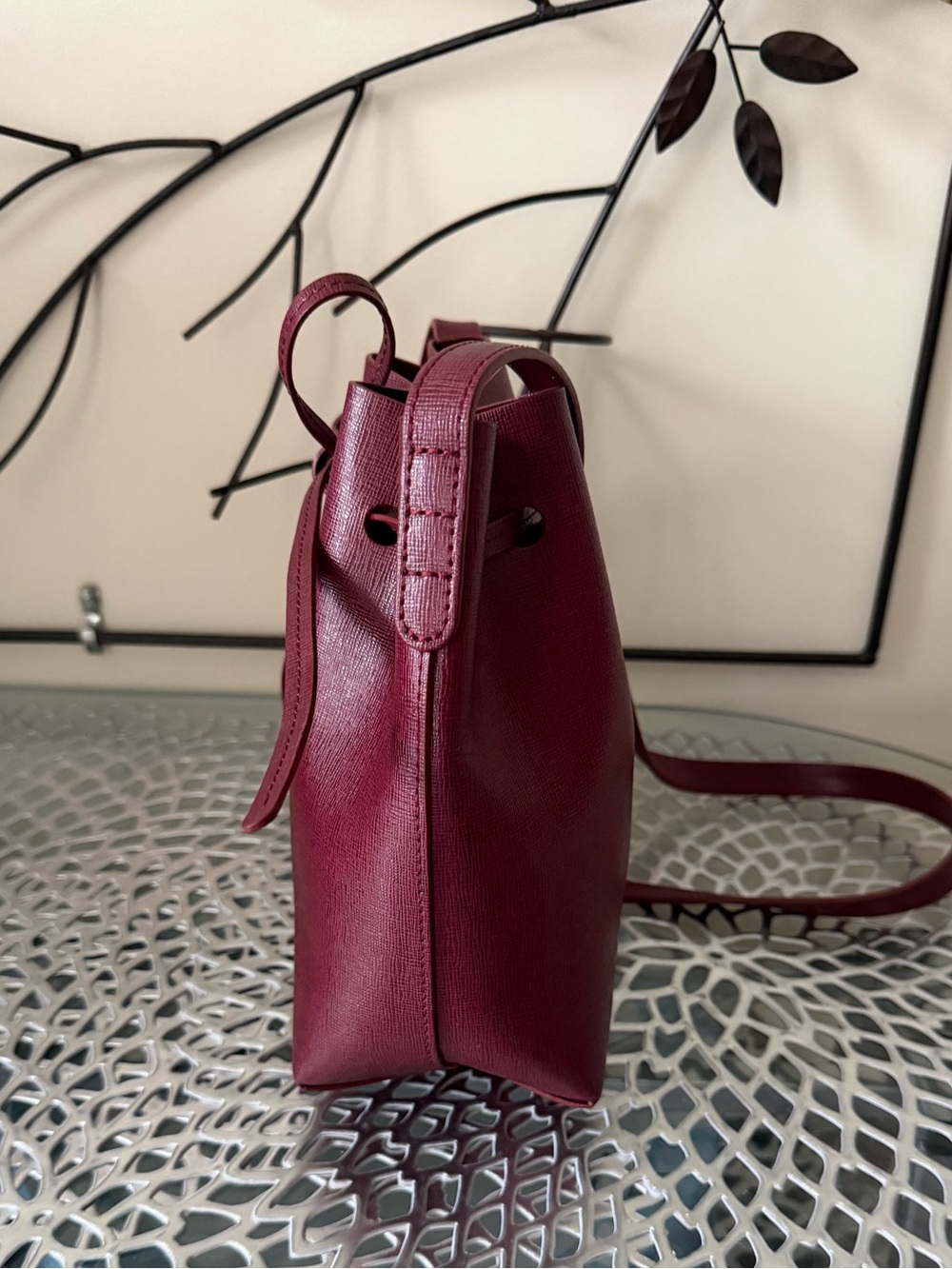 Mansur Gavriel Claret Red Textured Leather Mini Crossbody Bucket Bag - Picture 12 of 15